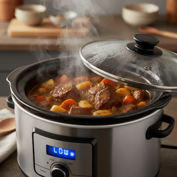 Slow cooker on low setting, gently cooking tough meat cuts for rich flavor.