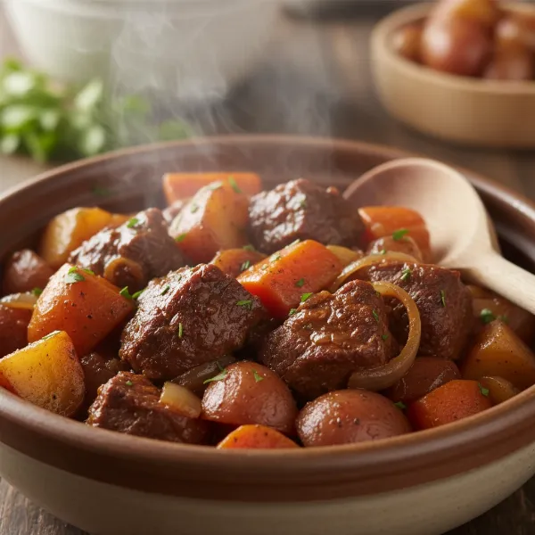 delicious slow cooker meal ready to eat, tender meat and vegetables in rich sauce