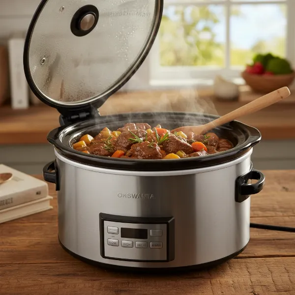 A slow cooker on a kitchen counter, preparing a hearty, simmering stew.