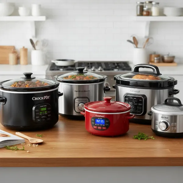 Diverse range of top-rated programmable slow cookers displayed together, highlighting various features and designs.