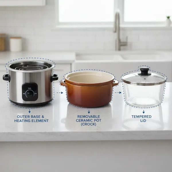 A diagram of slow cooker parts: base, ceramic pot, and glass lid on a kitchen counter.
