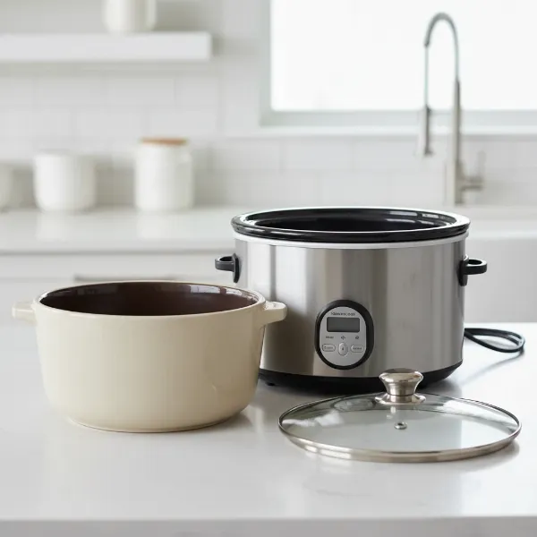 Image showing a typical slow cooker with its outer housing, removable stoneware pot, and lid.