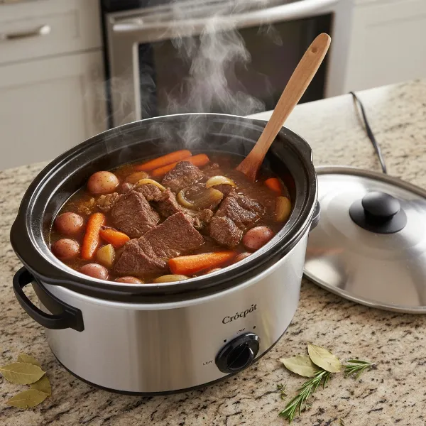 A slow cooker filled with a pot roast and vegetables, fully submerged in broth.