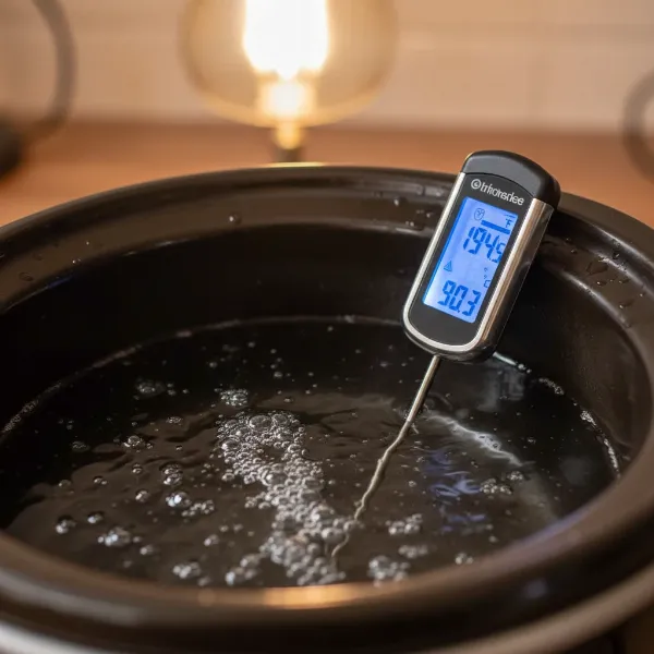 Digital thermometer showing safe temperature in slow cooker