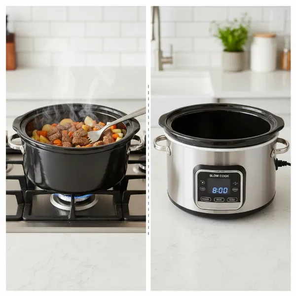 A versatile slow cooker inner pot being used on a stovetop for searing, then placed in its base.