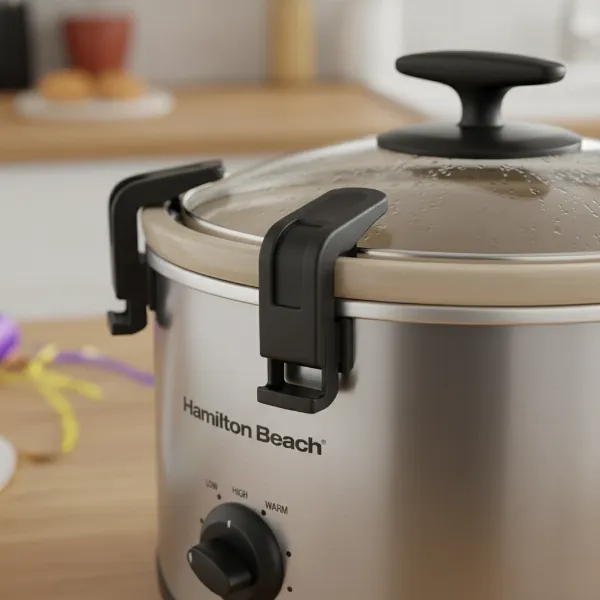 Hamilton Beach slow cooker with lid locked for safe and spill-free transportation.