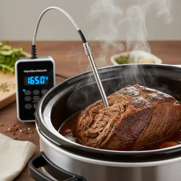 Smart temperature probe inserted into a roast cooking in a slow cooker.