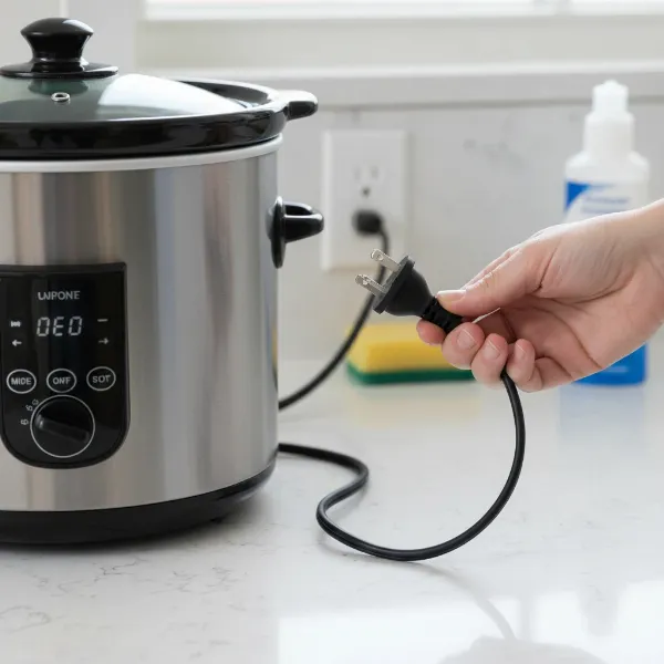 Close-up of a slow cooker unplugged from the wall outlet, emphasizing electrical safety before cleaning.