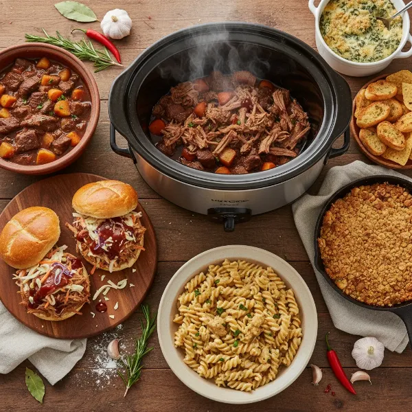 A collage of diverse meals prepared in a slow cooker, showcasing its culinary versatility.