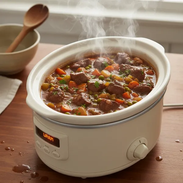 Slow cooker keeping hot, reheated leftovers warm for serving.