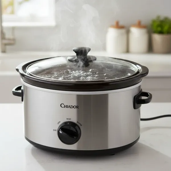 A slow cooker filled with water, simmering on the high setting to test heating functionality.