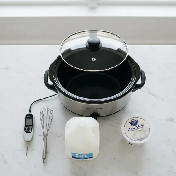 essential slow cooker yogurt making equipment and ingredients ready on a kitchen counter
