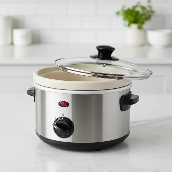 A compact 1.5-quart slow cooker with its core components, highlighting its design for gentle cooking.