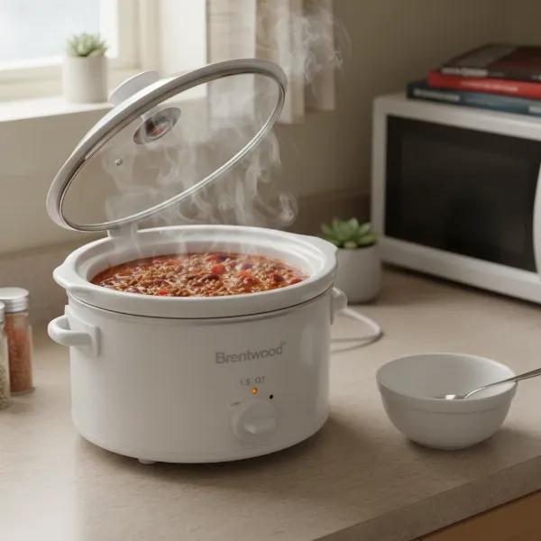 A Brentwood 1.5 quart slow cooker simmering a small batch of chili in a compact kitchen setting.