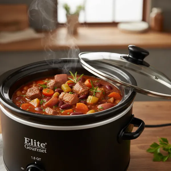 Delicious stew cooking in a compact 1.5 quart slow cooker, ready for a small serving.