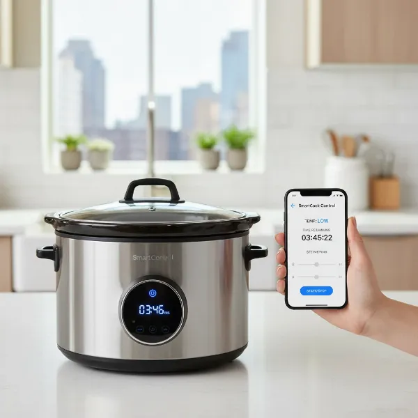 A modern smart slow cooker being controlled remotely via a smartphone app showing cooking settings.