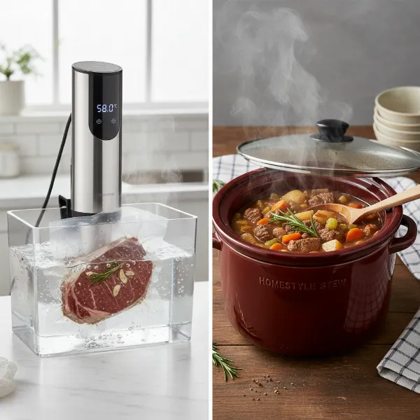 Visual comparison of sous vide immersion circulator and slow cooker side-by-side with example dishes.
