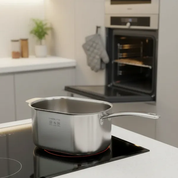A high-quality stainless steel slow cooker insert, highlighting its stovetop and oven-safe features.