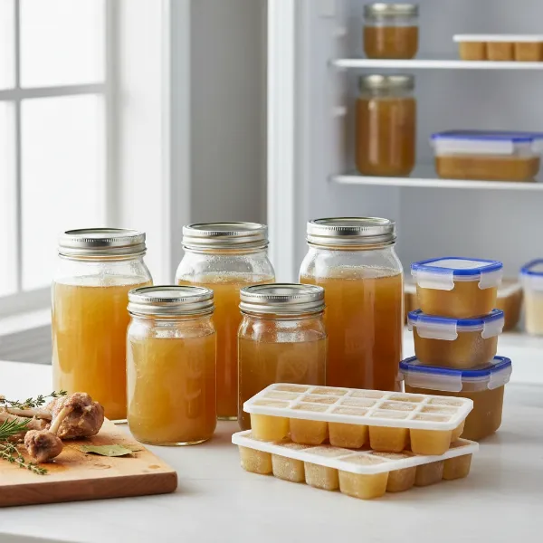 Assortment of homemade bone broth stored in glass jars and ice cube trays.