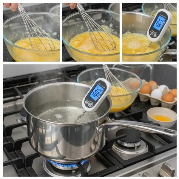Visual guide showing the steps of pasteurizing eggs out of their shells using the stovetop double boiler method with an accurate thermometer.