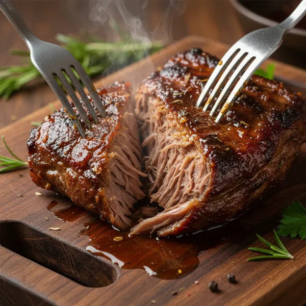 a close-up of extremely tender, fall-apart slow-cooked beef being easily shredded by forks
