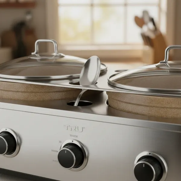 Close-up of TRU Triple Slow Cooker showing independent controls, lid rests, and serving spoons.