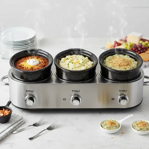 TRU Triple Slow Cooker Buffet Server showcasing three dishes, saving time and keeping food warm.