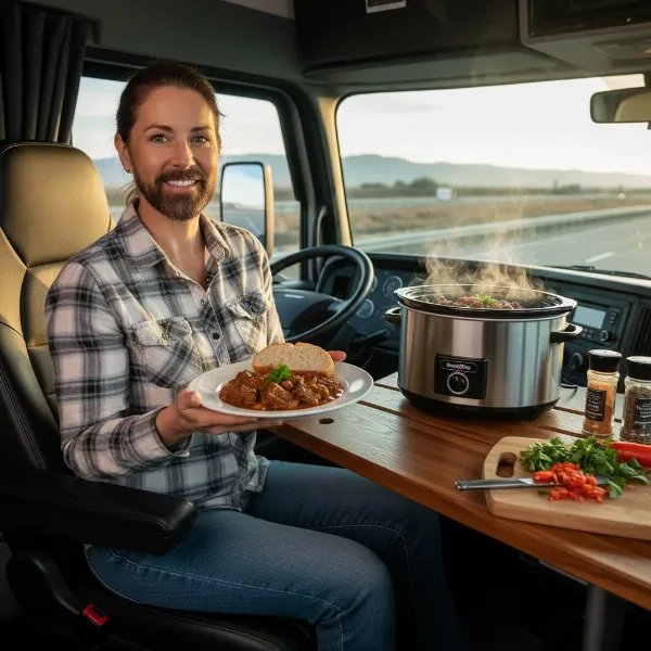 professional truck driver preparing slow cooked meal in cab