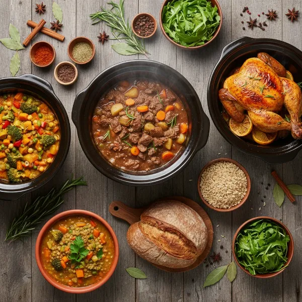 An assortment of delicious and healthy slow cooker meals like stews, roasts, and soups.