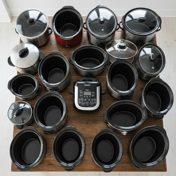 Assortment of slow cookers showing different shapes, capacities, and control types.
