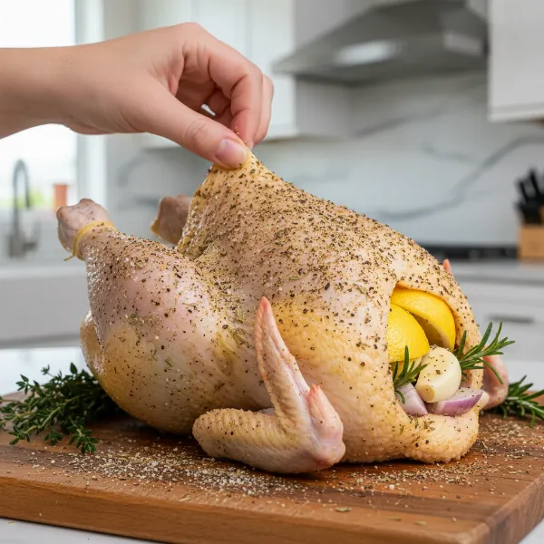 Whole chicken being seasoned with herbs and spices, cavity stuffed with aromatics.