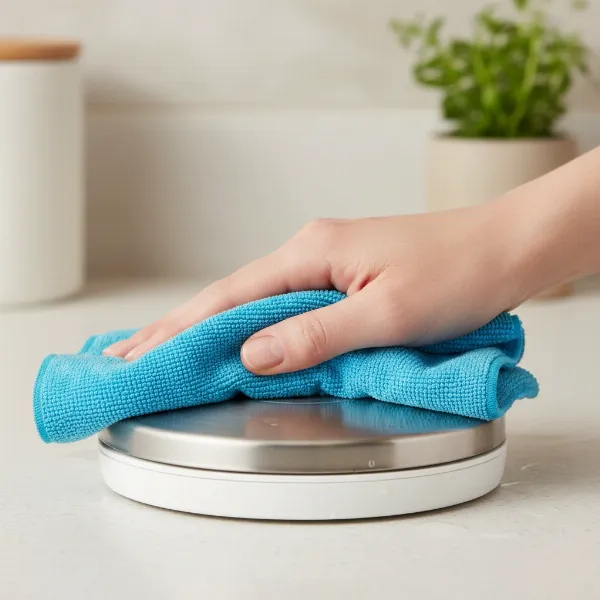Hand wiping the heating base of a kitchen appliance with a soft cloth to prevent stains.