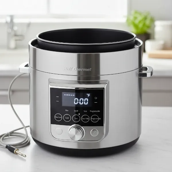 Wolf Gourmet Multi-Cooker with stainless steel exterior, 7-quart capacity, and intuitive control panel.