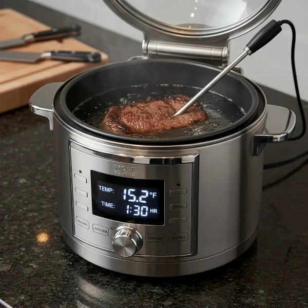 Wolf Gourmet Multi-Cooker with integrated temperature probe performing sous vide cooking.