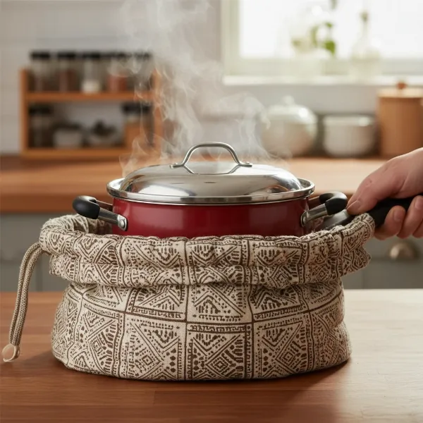 A hot cooking pot with lid securely placed inside an open Wonderbag for non-electric slow cooking.