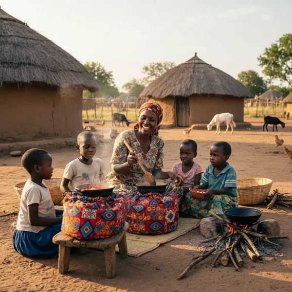 A family in an African village using a Wonderbag for cooking, emphasizing its humanitarian benefits.